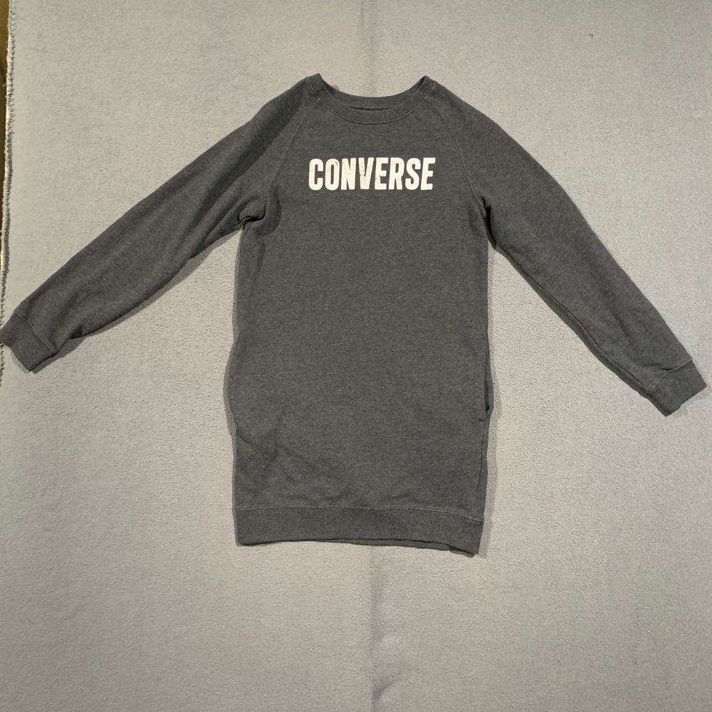 Converse Sweatshirt Dress Girls Size L Gray Long Sleeve Logo Pockets Athleisure